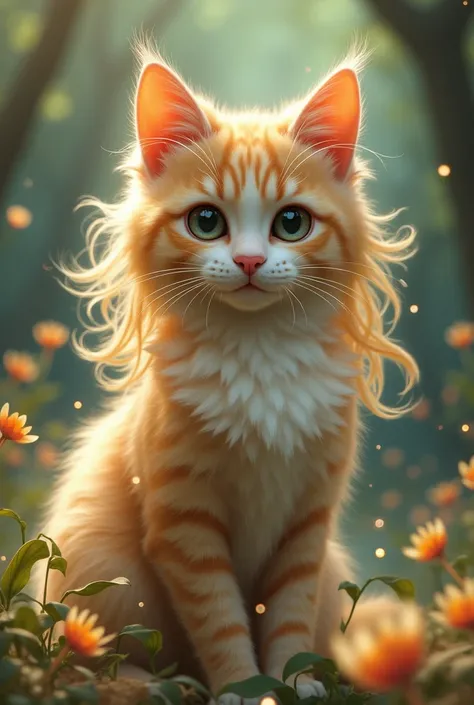 Create an avatar of a female cat with medium hair with blonde locks 
