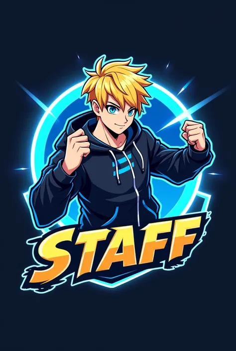 A professional gaming logo featuring an anime-style male character with short yellow hair, wearing a black hoodie with bright blue accents. The character is performing a dynamic gesture with energy effects. The text STAFF is prominently displayed in bold f...