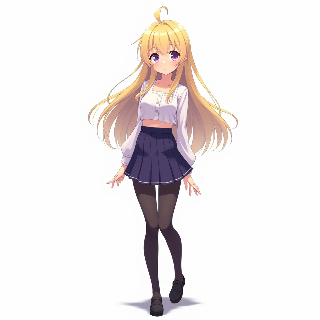 Anime standing, White background, Hair Long , Yellow hair purple hair, White blue eyes purple, Lil skirt, Stocks black, Crop shirt.