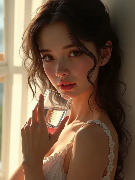 A beautiful sexy girl sexually holds a glass of water in her hand