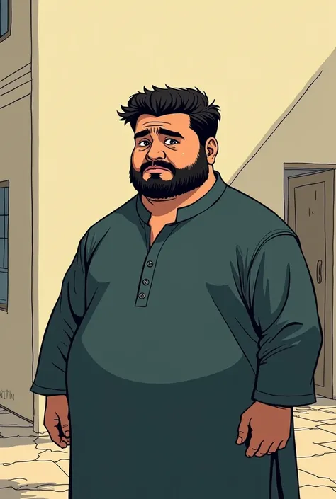 pakistani fat young man with short beard with sad face in black shalwar kamiz comic style