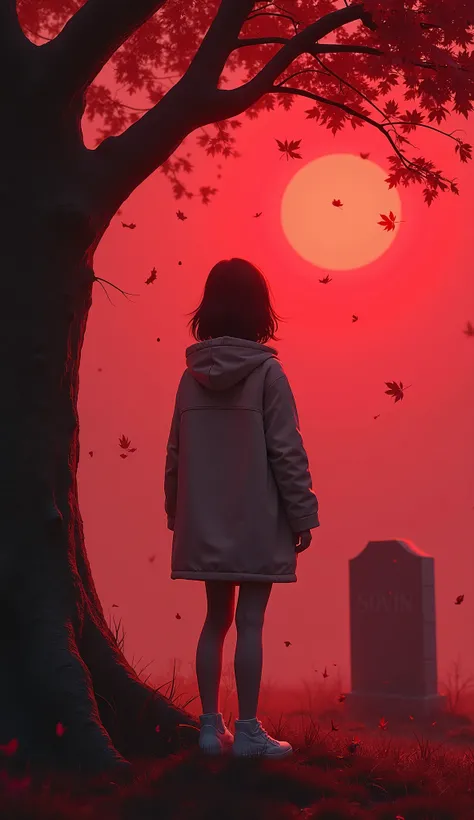 A hyperrealistic character concept in a video game art style, featuring a girl in a windbreaker standing near a lonely tree in a glowy red color scheme.  The scene showcases a psychosomatic blend of special effects, with falling leaves and a grave, exuding...