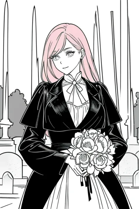 Perfect face. Perfect hands. A pink haired woman with dark eyes with an hourglass figure in a leather dress is holding a bouquet of peonies in the cemetery in the black and white colors
