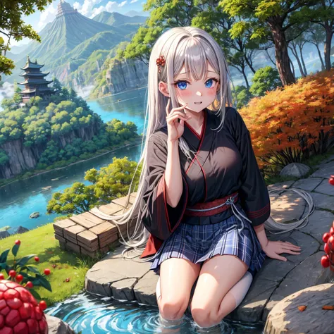 Chestnut Hair、 blue eyes、 with hair tied 、Two cute、 plaid miniskirt 、 BLACK T-SHIRT、 Long Sleeve 、kimono、striped high socks、Teeth are visible、lawn、The stone is cracked、Uneven ground、The road is curved、View from above、Large autumn tree、Mountain々、 fence、isol...