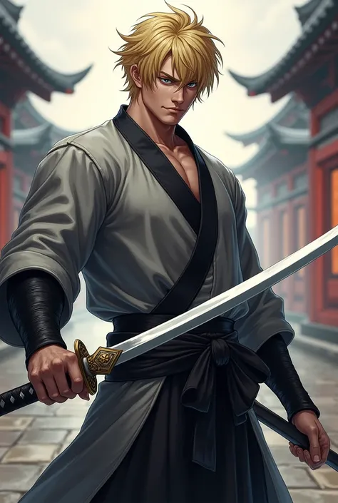 Rudeus swordsman with blond hair clothes samurai katana and slightly muscular heterochromia with gray and black clothes and short hair