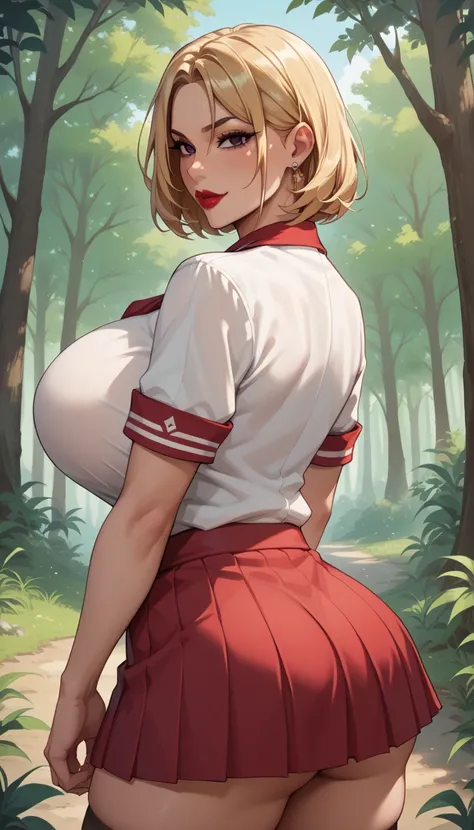 NSFW, Fumiko, 40 years old, MILF, fierce, seductive, love, short light blonde hair, backview, dark black eyes, red lipstick, scout uniform, up skirt, voluptuous body, huge breasts, in a forest