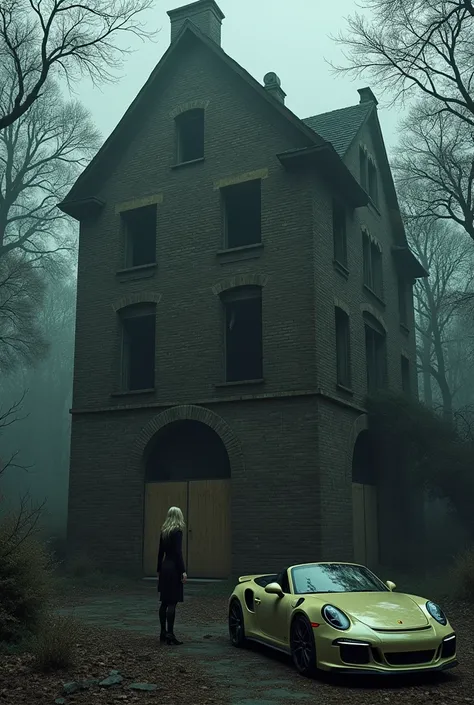  In detail, highest quality .the forest .  A large two-story old dilapidated brick building whose windows and doors are filled with boards .  Blonde babe Ludivina Wanker Tears off the boards on one of the doors to enter the building ,the building deck is p...