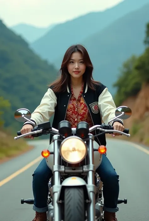  Beautiful Korean woman in hijab , thin smile ,wearing a batik shirt , wearing a varsity jacket ,wearing jeans,wearing boots, riding a ducati sport bike on a beautiful mountain road