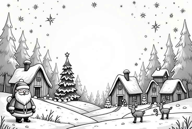 create a coloring book page, black thick line and white background and space beetween the lines, style cartoon, A continuation of the festive winter theme, showing a snowy village with little houses decorated with Christmas lights. Add playful elements lik...