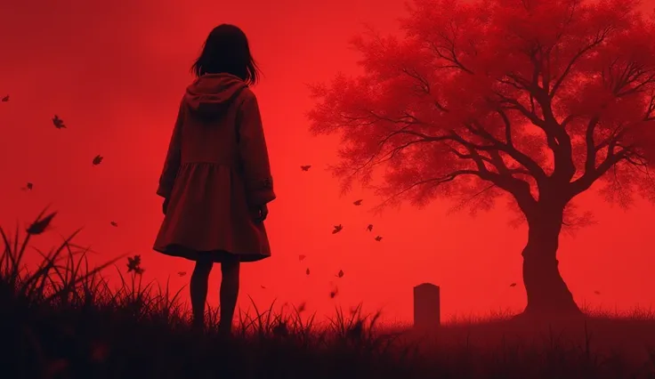 A hyperrealistic character concept in a video game art style, featuring a girl in a windbreaker standing near a lonely tree in a glowy red color scheme.  The scene showcases a psychosomatic blend of special effects, with falling leaves and a grave, exuding...