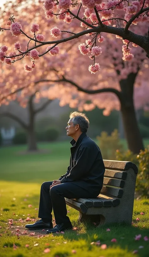 A hyper-realistic portrait of a melancholic man, captured with an Arri Alexa LF and a Zeiss Master Prime 50mm f/1.4 lens, sitting alone on a weathered stone bench in a lush, verdant garden, surrounded by the vibrant, delicate blooms of cherry blossom trees...