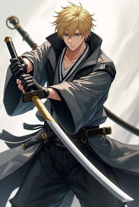 Rudeus swordsman with blond hair clothes samurai katana and slightly muscular heterochromia with gray and black clothes and short hair make him look like Rudeus by Moshuko Tensei