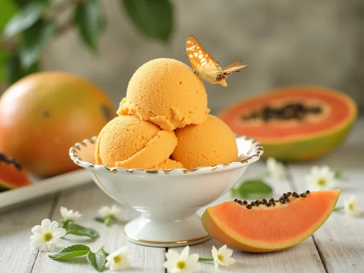  create papaya ice cream in a beautiful bowl , on a beautiful table ,  next to the ice cream cup we found small white flowers, a slice of papaya and a butterfly flying above the flowers .