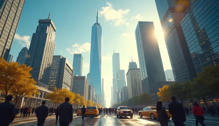 A modern city, cars, people in a hurry, sunny weather, clouds in the sky. photorealism, high detail, cinematic, camera across the street