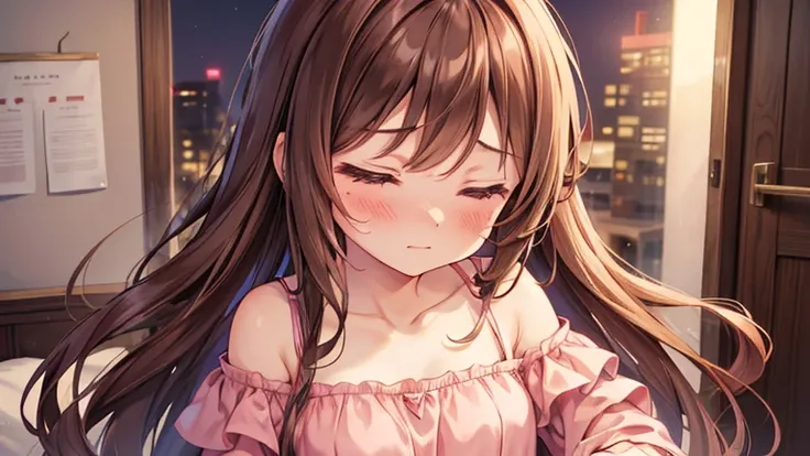 brown long hair, shutting eyes, one girl, looking at viewer,embarrassed face, cute face, off shoulder simple pink clothes, night, stroked hair, room