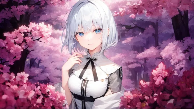  White Hoodies 、 black shirt 、Ultra HD, Viewers , and, 20 years old, 非常に short hair on the side of the uniform,  long bangs between eyes, Pale blue eyes,  Very detailed,(masterpiece、 best quality),Gray Hair、Laughter、 amazing,  Silver Hair, iris, Small face...