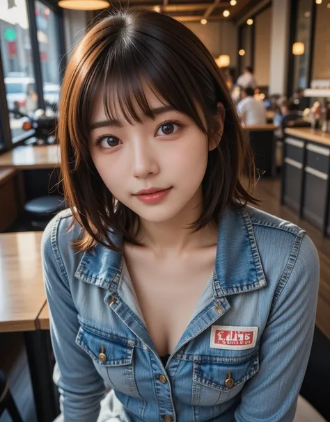 ((levis 3rd denim jacket)), ultra high resolution, Superior Quality,  best quality,  super detailed, Realistic, 8k,  RAW Photos,  best quality, masterpiece, (( brown bob hair)),  asymmetrical bangs ,  Japanese idol in panties, Sophisticated,  stylish, ((le...