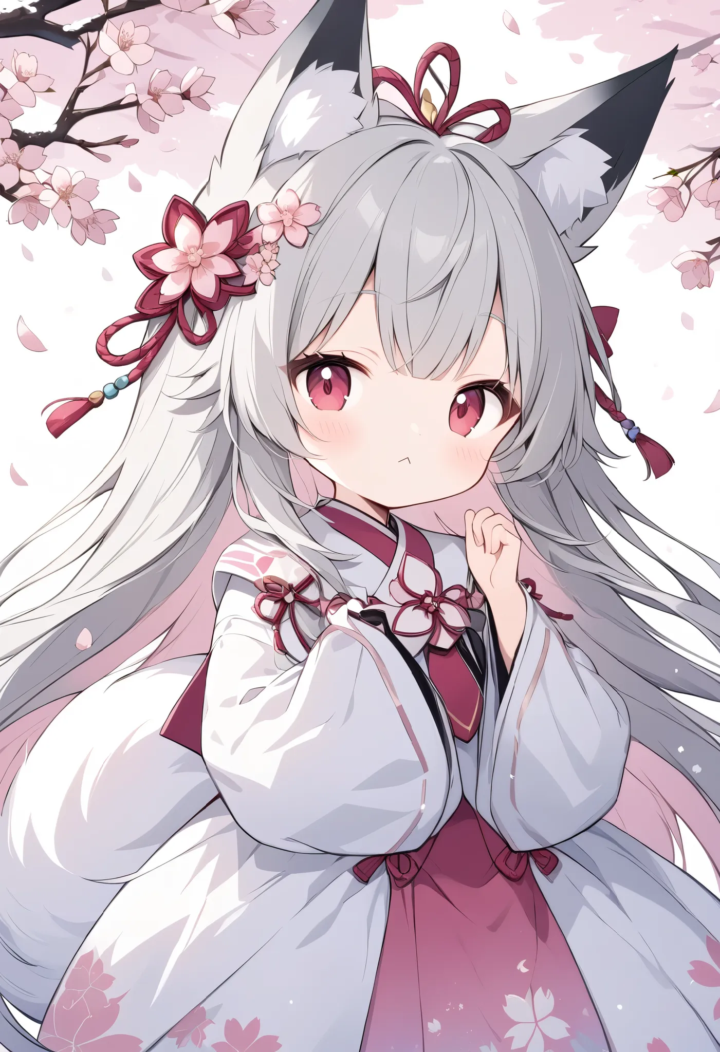  Thin and Soft Painting Style、White fox girl  、Grey Hair、 smooth long hair 、  fox ears、  foxs fluffy tail 、Ruby Eyes、 Oblique eyes、cute、:<、Onmyoji costume 、 ties hair behind、Cherry Blossom Snowstorm、 under a cherry tree ,Eat Inari sushi with both hands