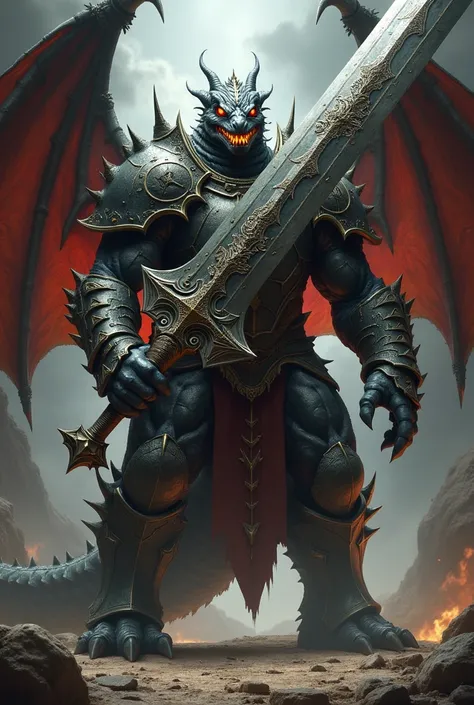 a winged dragonborn wearing demonic full plate armor and a helm, wielding a giant sword