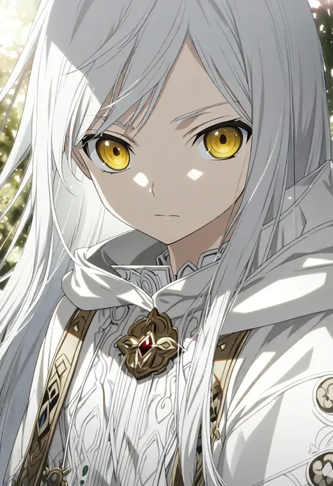 1boy, white hair (a longer strand on the left side), golden eyes, white jacket with hood, isekai clothes, half body, teenage, CG