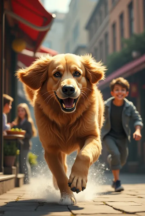 Frosty, the golden retriever, running furiously towards the restaurant, his fur wild and eyes focused, alerting the mother and brother to the danger that lies ahead