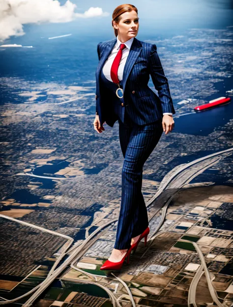 a sophisticated and stylish woman in a navy blue pinstriped trouser suit, white shirt, and a large wide paisley necktie in a win...