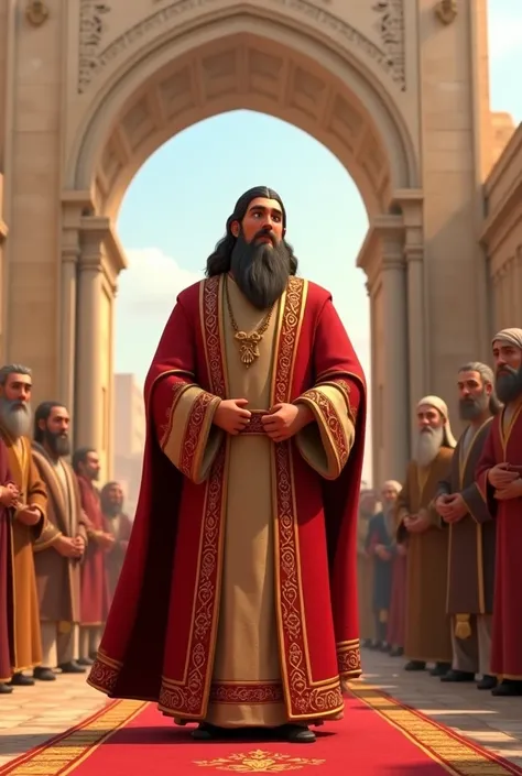 Ezra arriving in Jerusalem
Ezra stands at the gates of Jerusalem, greeting the people. He wears a ceremonial robe embroidered in gold and red, highlighting his role as a priest. The townspeople around him look on with curiosity and respect, 3d animation, d...