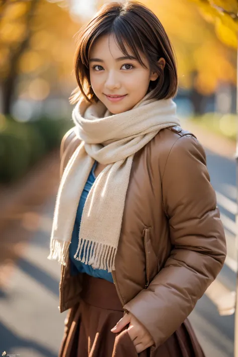 (8k, RAW photo, photorealistic, HQ, masterpiece), a cute Japanese woman, (glowing eyes), 
(light smile:0.2), brown hair, Pixie Bob hair, (Cute late autumn outfits), (Scarf, down jacket, tight long skirt) , blurred background, depth of field, natural lighti...