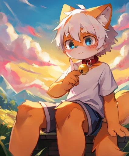 masterpiece,    high quality  ,   ridiculous resolution,    digital painting     (artwork ), author： Dagasi, Yupa, Qingshan, (   furry hair ,    Orange fur, Body hair,), The Boys,    blue eyes , White hair,    shorts,  barefoot,    bright eyes  , panoramic...