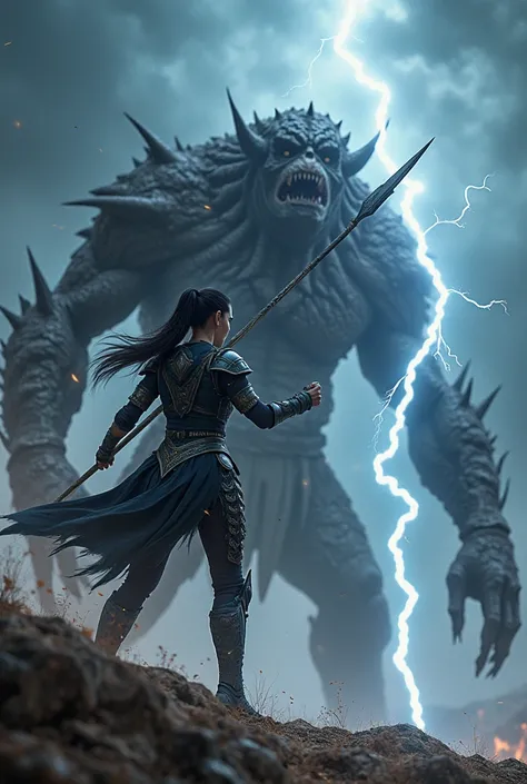 Dark haired valkyrie ponytail is attacking the monster with a flash of lightning on its spear
