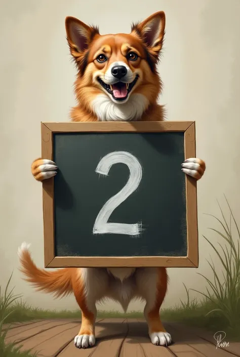  a dog showing the number 2 on a board,  as real as possible , This painting must be placed on the ground 