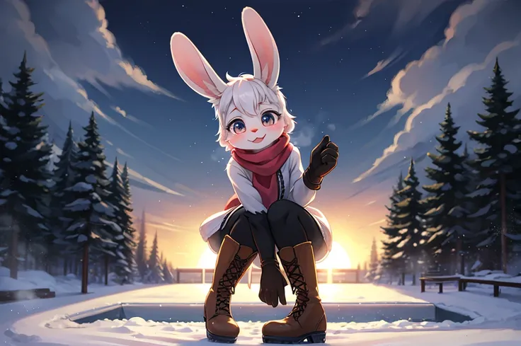 happy winter vacation , snow rabbit ,Scarf, gloves, boots , steamy breath , Shivering from the cold , Figure skating , spin , spin blur , ( soft focus , Shallow focus , dim light , Cross Process , Tyndall ) , Mature , euphoria , coquettish , funny face , f...