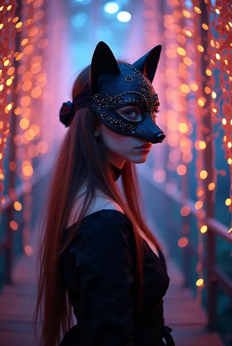 mesmerizing photo , neon fluorescence,  depicting a very beautiful girl wearing a masquerade mask in the form of a dark wolf profile,stands on a fairy bridge , demonstrating its intricate details and the hidden beauty of the  ,now ,,.  Deep black, white an...