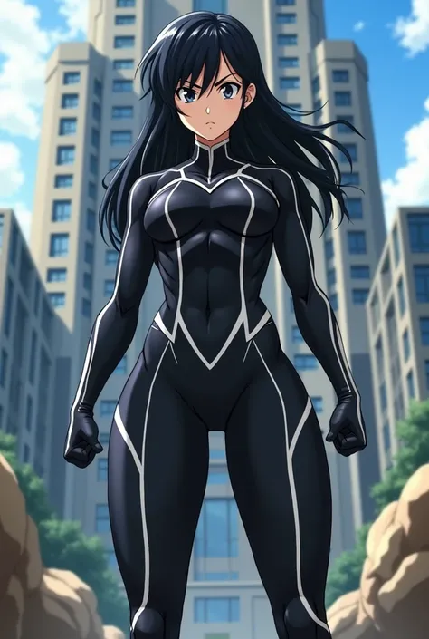  My Hero Academia style ,   anime girl , woman, young woman ,  full body shot ,( Fighting Stance :1.3),Long Hair, Black Hair,   black eyes , hero suit, Full Body Suit,  black suit with white details, perfect anatomy,  enhanced abs , super detailed,(buildin...