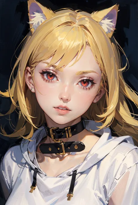 ((masterpiece)), ((Highest_quality)), ((beautiful_  Details)), ((ultra-  Details)),Blonde, shortcuts,Cat ears,Red eyes,Cat ears,Black collar,Purple hoodie,