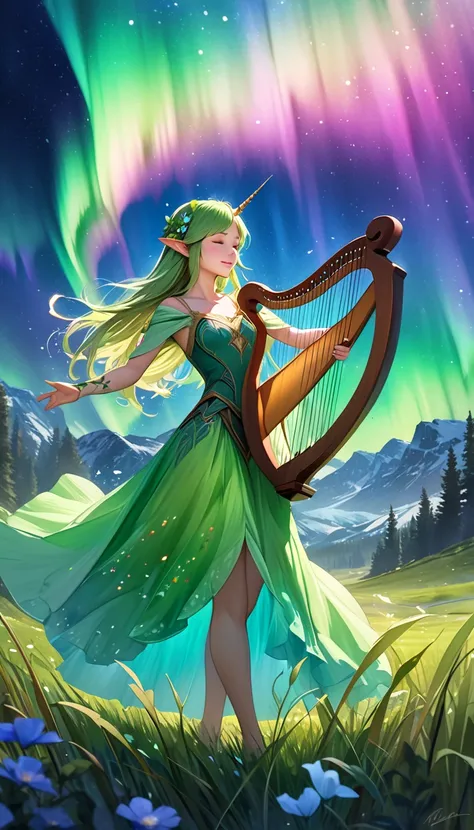 A watercolor painting of an elven bard performing a ballad to mystical creatures on an otherworldly grassland, Underneath an aurora-filled sky the elven bard strums a harp as a unicorn begins to drift into slumber and tiny fairies dance to the melody, The ...