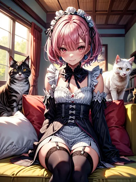 A cozy living room filled with playful cats of various breeds. A cute anime-style girl with long hair, wearing pastel-colored pajamas, is sitting on a soft rug surrounded by the cats. She’s smiling and playing with them, creating a joyful and warm atmosphe...