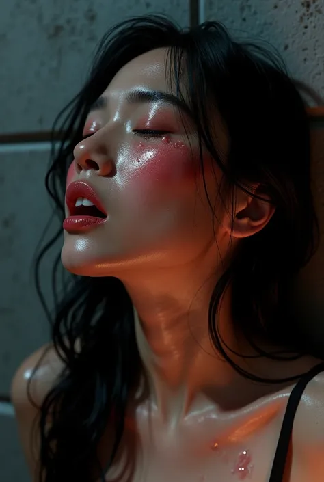 retina,    anatomically accurate  , textured skin,   High Definition  , 超   High Definition  , 8k, スーパー  orgasm ,    Woman Opening Her Mouth and Closing Her Eyes in an Office Meeting Room at Night , Skin shiny with sweat、Sharp focus on face、Lighting that h...