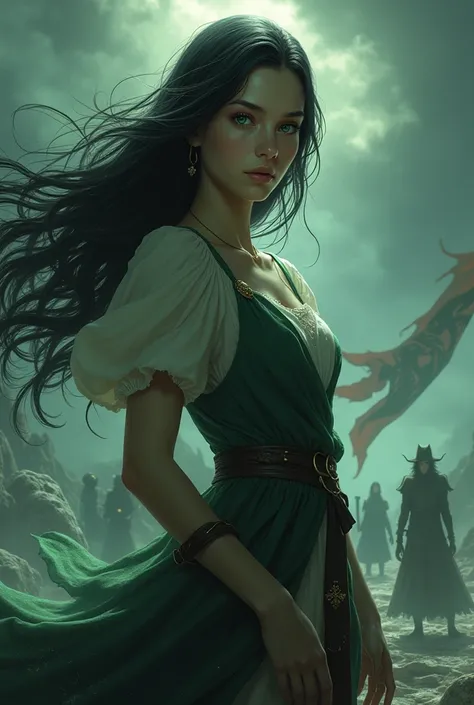 "A determined girl standing against a stormy sky, symbolizing her struggle to reclaim her throne. She has a lithe, agile build and a commanding presence despite her youth, with long raven-black hair cascading down her back, marked by a striking streak of w...