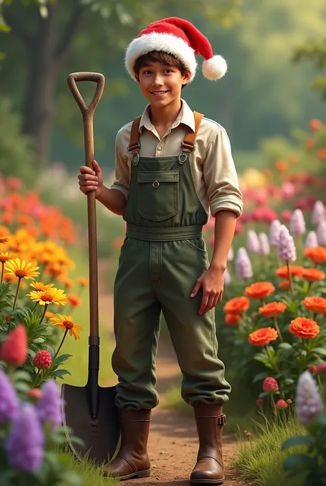 Very realistic portrait of a young 25 years old man without a beard Gardener with a hoe with a Santa hat on a flower bed background 