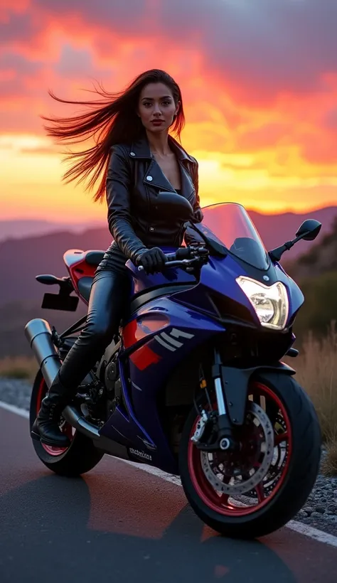 "Create a vivid image of a beautiful woman sitting on a sleek sport motorcycle. She has flowing hair, wearing a fitted leather jacket, gloves, and stylish riding boots. The motorcycle is a modern, high-performance model with bold colors and intricate detai...