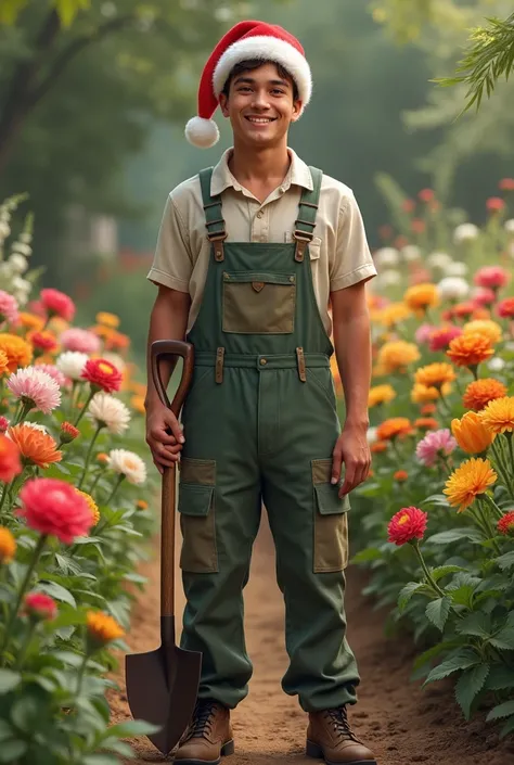 Very realistic portrait of a young 25 years old man without a beard Gardener with a hoe with a Santa hat on a flower bed background 