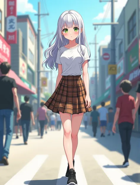  Girl with white hair,  hair tips black , coloring book wavy hair , Long hair,light green eyes, breast, hips, plaid skirt, brown skirt , white top,  top with closed shoulders ,  black sneakers ,  art,  in the middle of a busy street , light skin,  anime st...