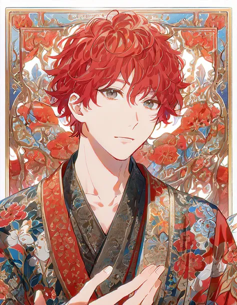  best quality、masterpiece、 high definition 、8k）、(male:2.0)、若くてイケメンmale、male一人、 upper body、日本のmale着物、 floral kimono haori、(Red Hair:1.7)、( short hair :1.7)、Look at me and smile、( no background :1.7)、 detailed hand-drawn illustrations 、Taisho Romance、 draw s...