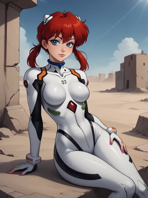 ranma saotome. red hair. blue eyes. pigtail. small saggy breasts. hige hips. slim dody. choker. evangelion suit. black eyeliner....