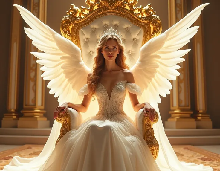 generate a princess with crown sitting in golden chair with wings her dress is royal white