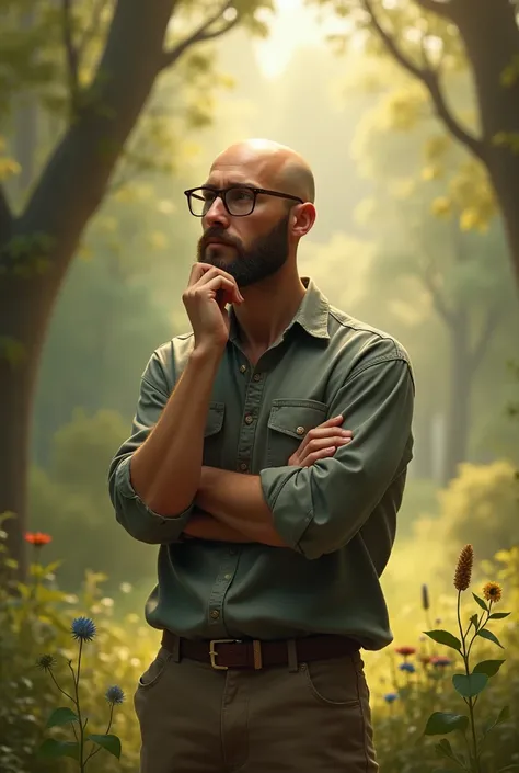  Image of a young man , bald, with beard and prescription glasses.  He likes to philosophize about life , Tell stories ,  likes nature and light things. Crie um look completo, Showing that he stands , up ( full body ),  based on these characteristics  