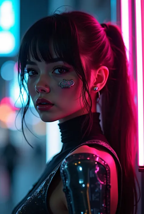 cyberpunk inspired, cyberpunk era, UHD, A teenager with a robotic arm and a limb, cyber implants on her face , a net-runner by profession , wearing a futuristic out fit, cyberpunk fashion, details of the neon light, intricate, Futuristic, visual acuity, ra...