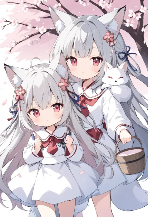  Thin and Soft Painting Style、White fox girl  、Grey Hair、 smooth long hair 、  fox ears、  foxs fluffy tail 、Ruby Eyes、  zitales、cute、:<、Onmyoji costume 、 ties hair behind、Cherry Blossom Snowstorm、 under a cherry tree , holding a pail containing a white fox ...