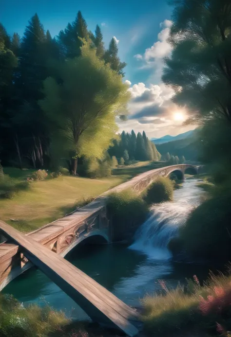 detailed pastoral landscape, lush green rolling hills, winding river, wooden bridge, blooming wildflowers, fluffy clouds, warm sunlight, (best quality,4k,8k,highres,masterpiece:1.2),ultra-detailed,(realistic,photorealistic,photo-realistic:1.37),landscape p...